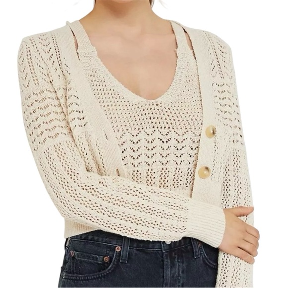 Anthropologie Beige Open-Knit Button Cardigan Sweater Womens Size XS - Picture 4 of 17